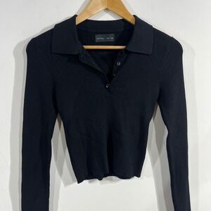 Lefties Preppy Old Money Ribbed Knit Polo Henley Top Womens Medium Minimalist